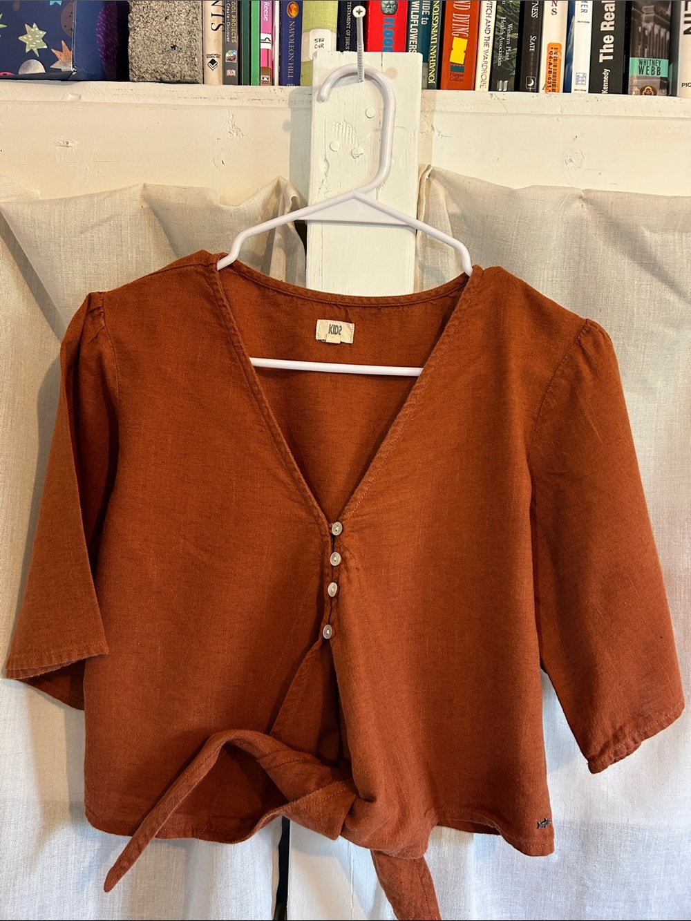Rust Orange Button-Front Tie Hem Top